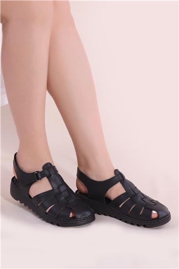 Elit 22D-017 Kadın Hakiki Deri Sandalet Siyah