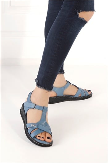 Elit Srr8803 Kadın Hakiki Deri Sandalet Mavi